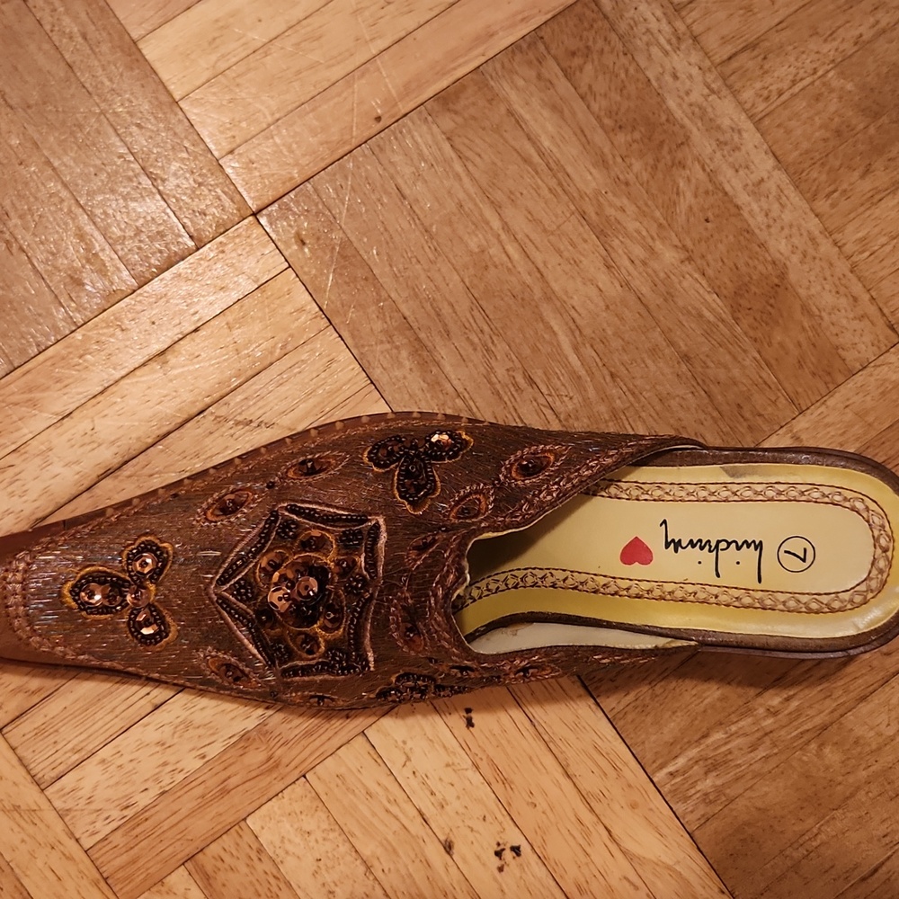 Brown Embroidered Slip-On Mule